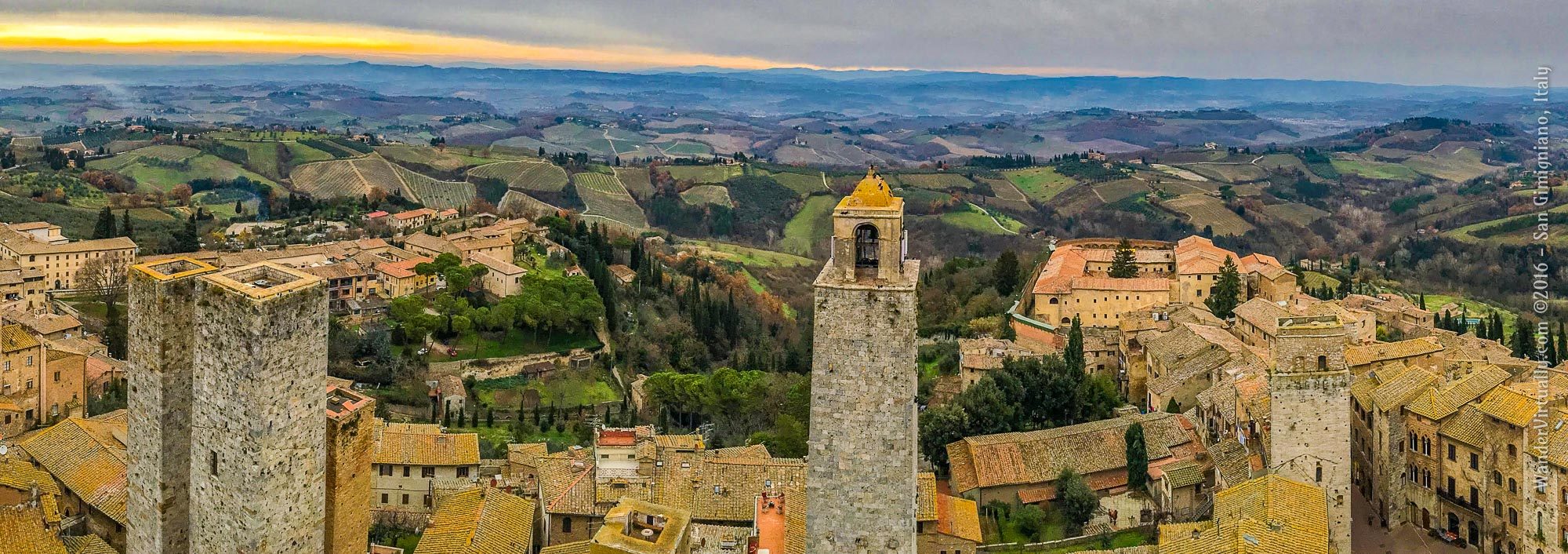 A view of the Tuscan landscape, from the Torre Grossa in San Gimignano, Italy.