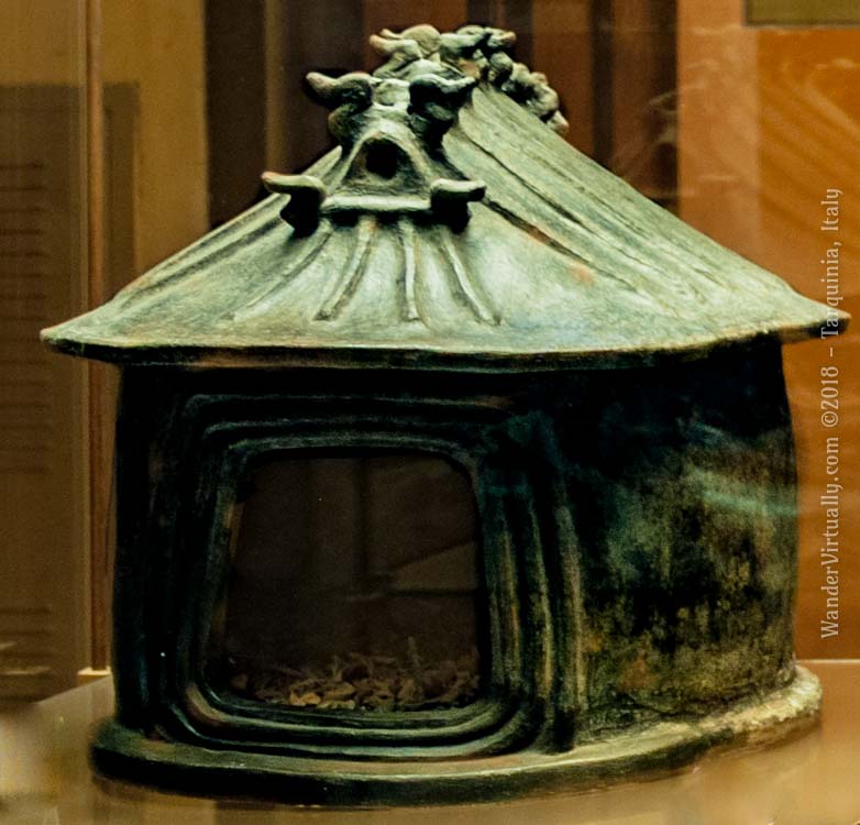 An impasto hut urn for cremated Villanovan remains (9th century BCE) at the National Etruscan Museum - Tarquinia, Italy.