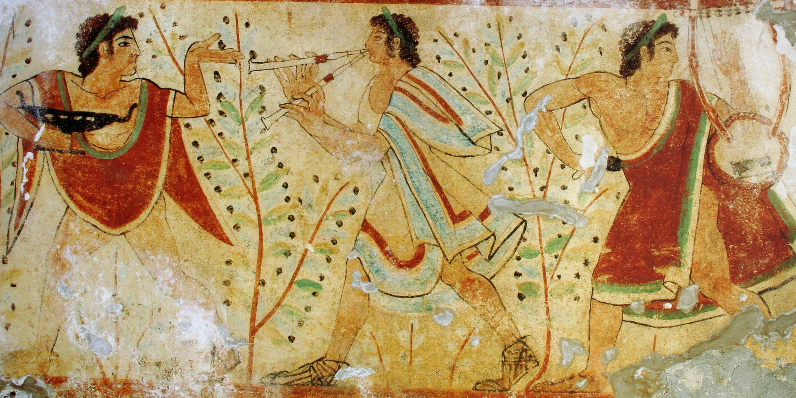 Musicians playing a double flute and a lyre. Part of an Etruscan funerary wall painting, Tomb of the Leopards (480-470 BCE). @Necropoli dei Monterozzi - Tarquinia, Italy. Ref: (a-vii).