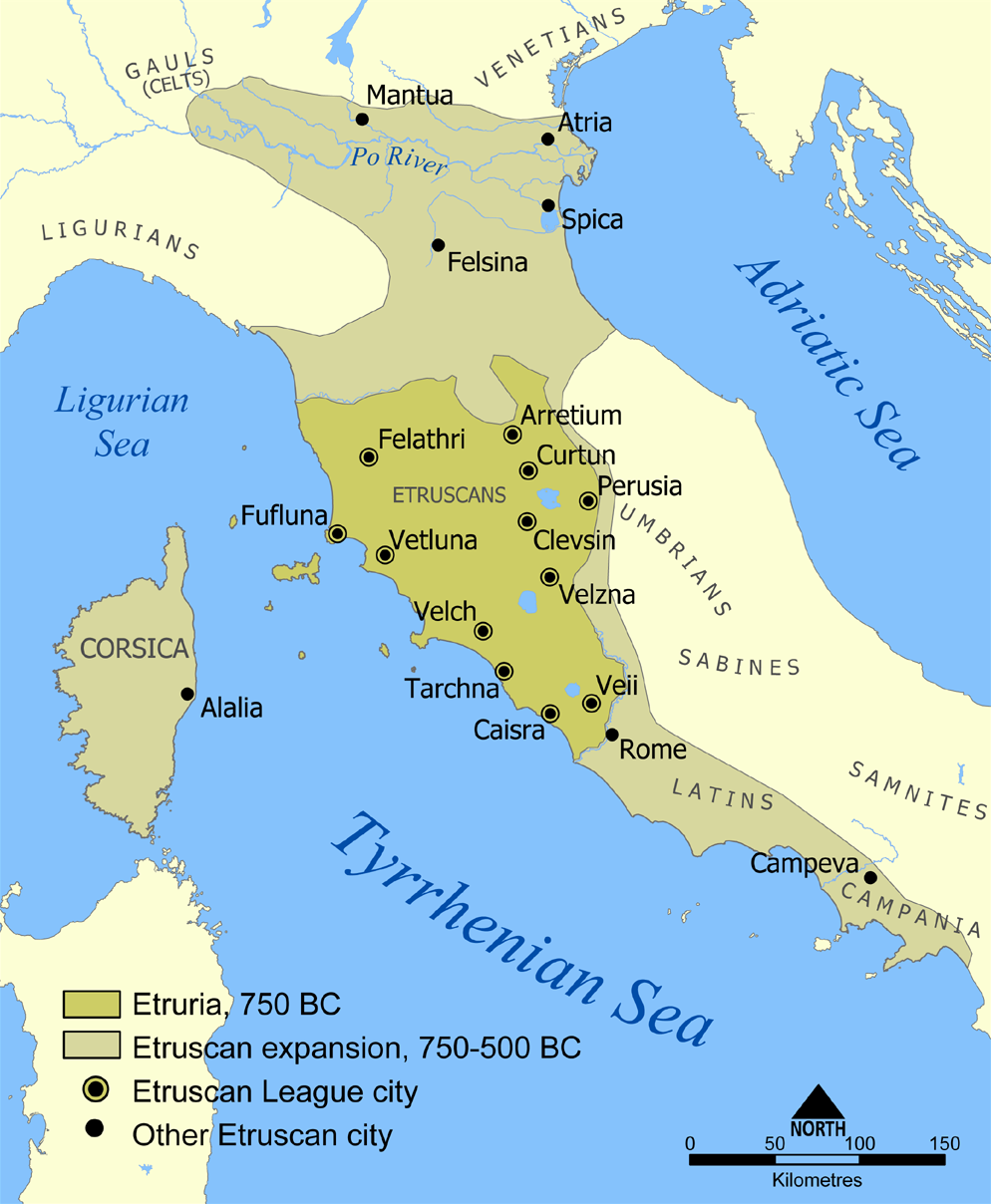 From the 8th-6th century BCE, Etruscan territories extended from the Po River valley in the North, to Campania in the South. Ref: (a-vi).