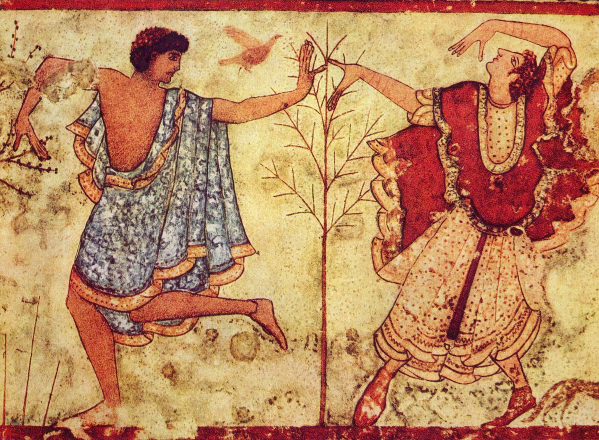 The sophisticated Etruscans: A man and a woman dancing in colorful garb - part of an Etruscan funerary wall painting in the Tomb of the Triclinium (470-440 BCE). The wall painting was moved from the Necropoli dei Monterozzi, to the National Etruscan Museum - Tarquinia, Italy. Ref: (a-v).