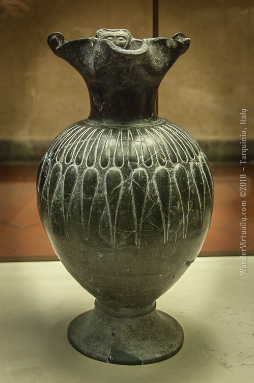 Etruscan Bucchero Vase (7th century BCE). From crude Villanovan impasto to refined bucchero. Etruscans improved their pottery-making skills during the Orientalizing Period. National Etruscan Museum - Tarquinia, Italy.
