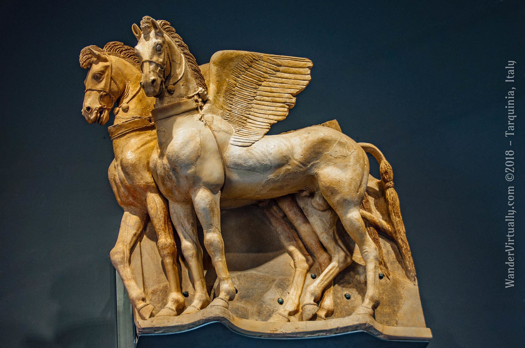 The terracotta Winged Horses of Tarquinia (4th century BCE) were found at the site of the Ara della Regina (Queen's Altar) in the Etruscan Acropolis of Tarchna. Tarquinia, Italy.