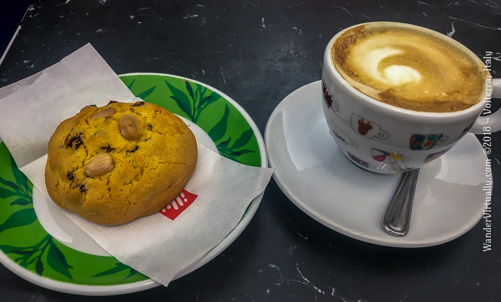 Italian coffee break: A cappuccino and a cookie @ Pasticceria Migliorini. Volterra, Italy.