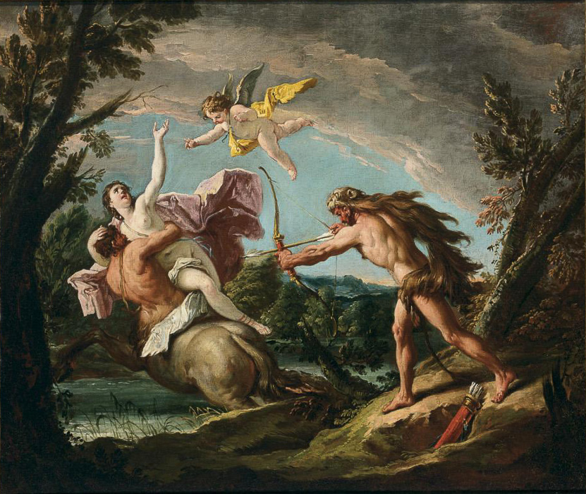 Hercules shooting Nessus with a poisoned arrow.