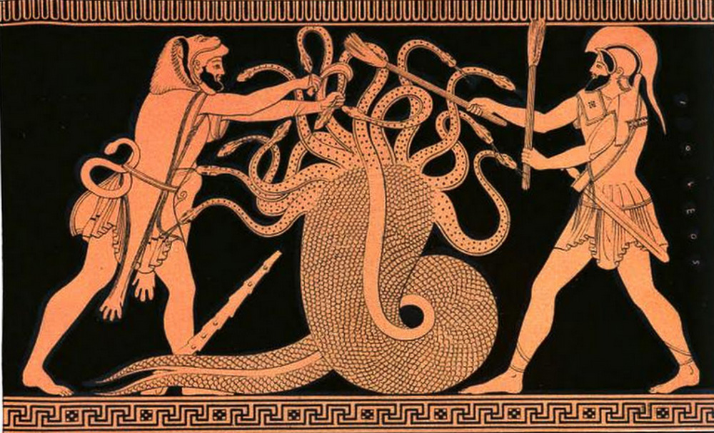 Hercules defeats the Lernaean Hydra with help from Iolaus.