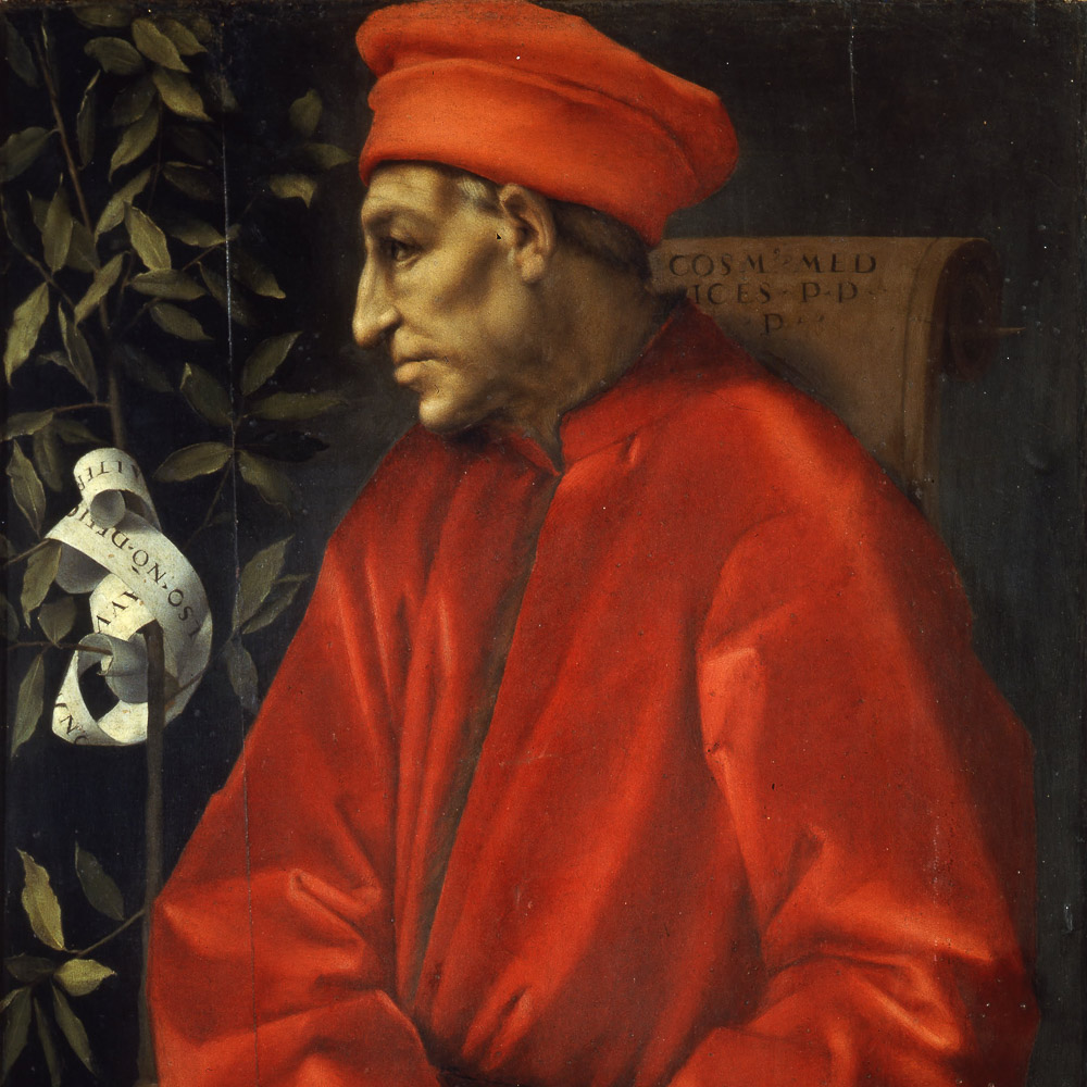 Cosimo de' Medici (1389-1464), aka Cosimo the Elder was the son of Giovanni di Bicci de' Medici. He was the first Medici to hold absolute political power in Florence. Florentines considered him "Pater Patriae" (father of the country). From a painting by Jacopo da Pontormo.