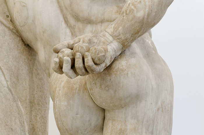 Hercules at rest carrying the golden apples of the Hesperides in his right hand - detail from the sculpture Hercules Farnese, at the Naples National Archaeological Museum