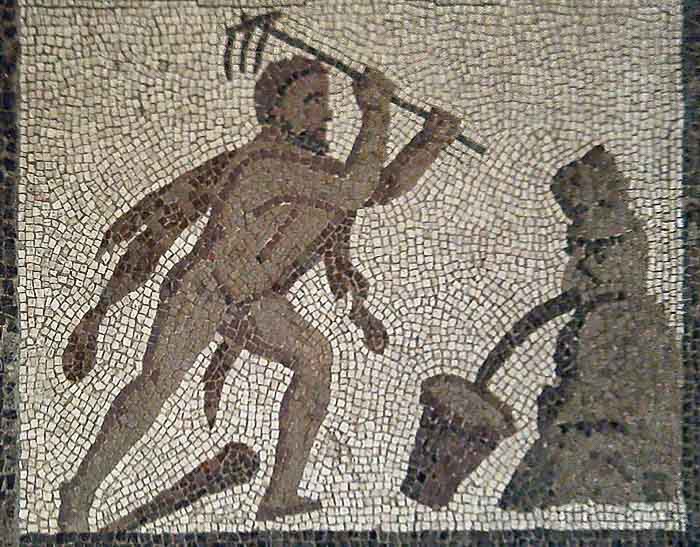 Hercules cleans the Augean stables. Detail of The Twelve Labors Roman mosaic from Llíria (Valencia, Spain). Mosaic between 201 and 250 AD.