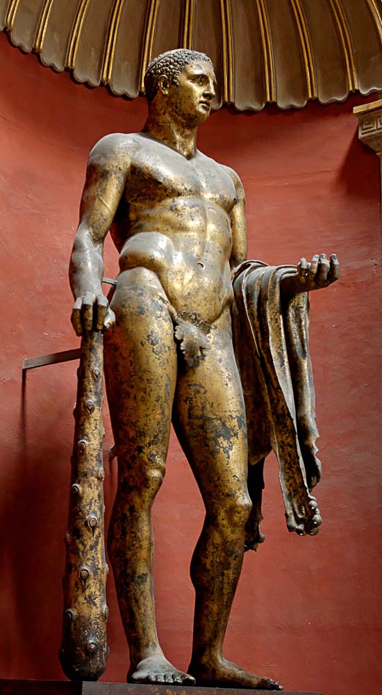 The statue of Heracles with club, lion skin and golden apples was found buried near the Theatre of Pompey. Gilt bronze, Roman artwork of the 2nd century CE now located at the Pio Clementino Museum of the Vatican Museums.