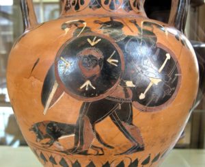 Geryon with 3 heads, 6 arms and 6 legs, and his 2-headed dog Orthus about to attack Hercules. Side B of an Attic black-figured neck-amphora, ca. 540 BCE from Vulci.