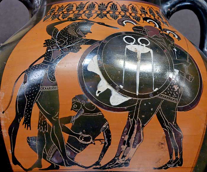 Hercules fighting Geryon (dying Eurytion on the ground). Side A from an Attic black-figure amphora, circa 540 BCE at the Louvre Museum.