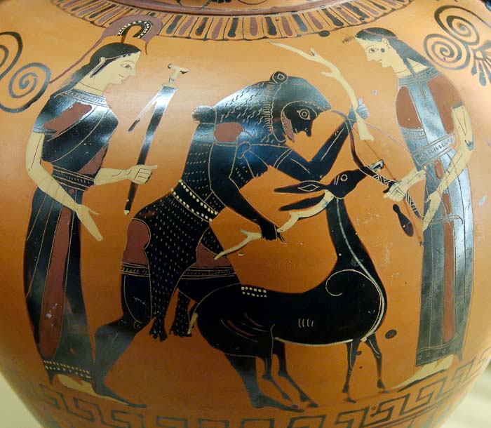Hercules captures the Hind of Artemis. Attic black-figured neck-amphora, ca. 540–530 BCE said to be from Vulci. Located at the British Museum.
