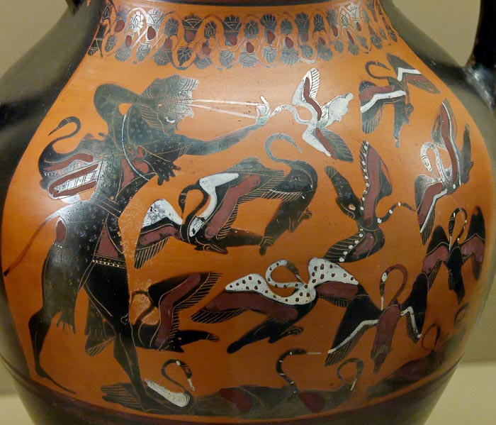 Hercules drives away the Stymphalian birds. Attic black-figured amphora, ca. 540 BCE said to be from Vulci.