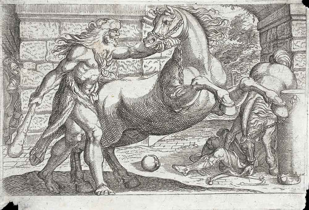 Hercules corals Diomedes' man-eating mares. Drawing by Antonio Tempesta (Italy, Florence, 1555-1630), Nicolo Van Aelst (Flanders, 1527-1612), from the Los Angeles County Museum of Art (LACMA).