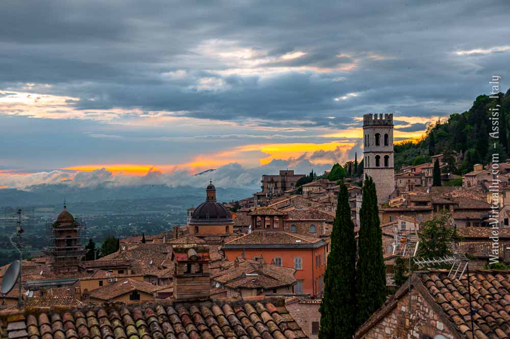 Convents & Monasteries in Assisi: The Assisi skyline at sunset viewed from St. Anthony's Guest House.
