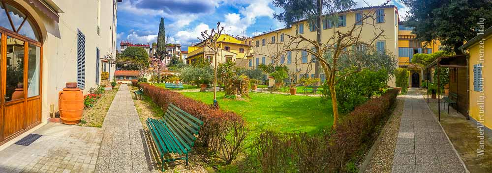 Convents & Monasteries in Florence: Sanctuary Firenze - a sunny garden with benches to relax in. Firenze, Italy.