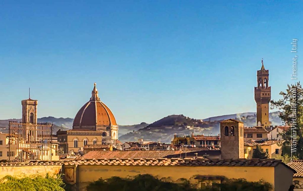 View of Florence's Duomo and the tower of Palazzo Vecchio from the Boboli Gardens. Firenze, Italy.