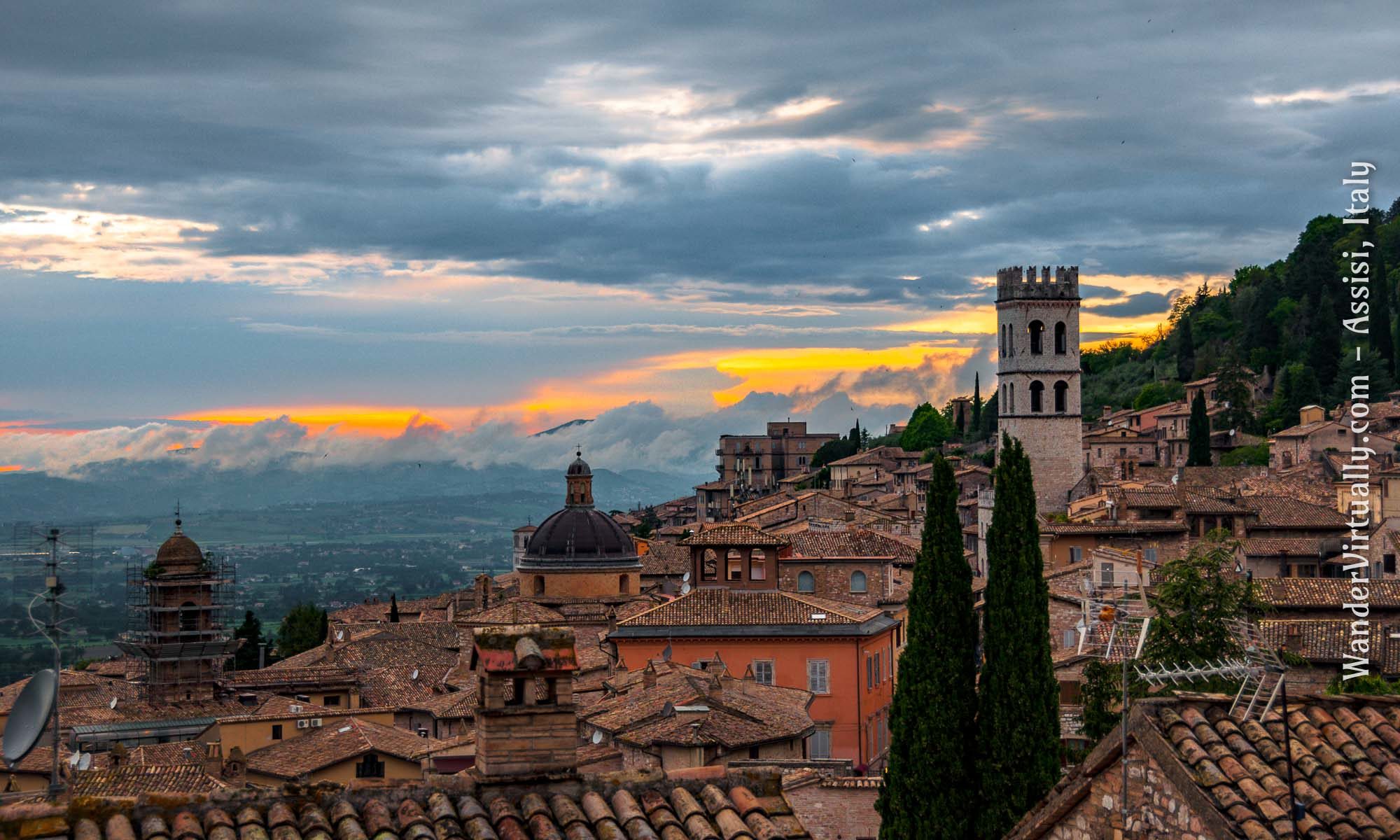 Scenes from Assisi, Italy. View of Assisi skyline at sunset