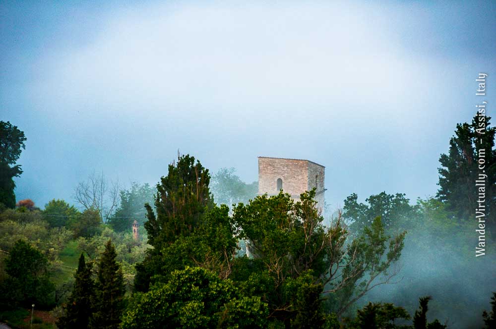 Scenes from Assisi, Italy: A tower in the morning mist.