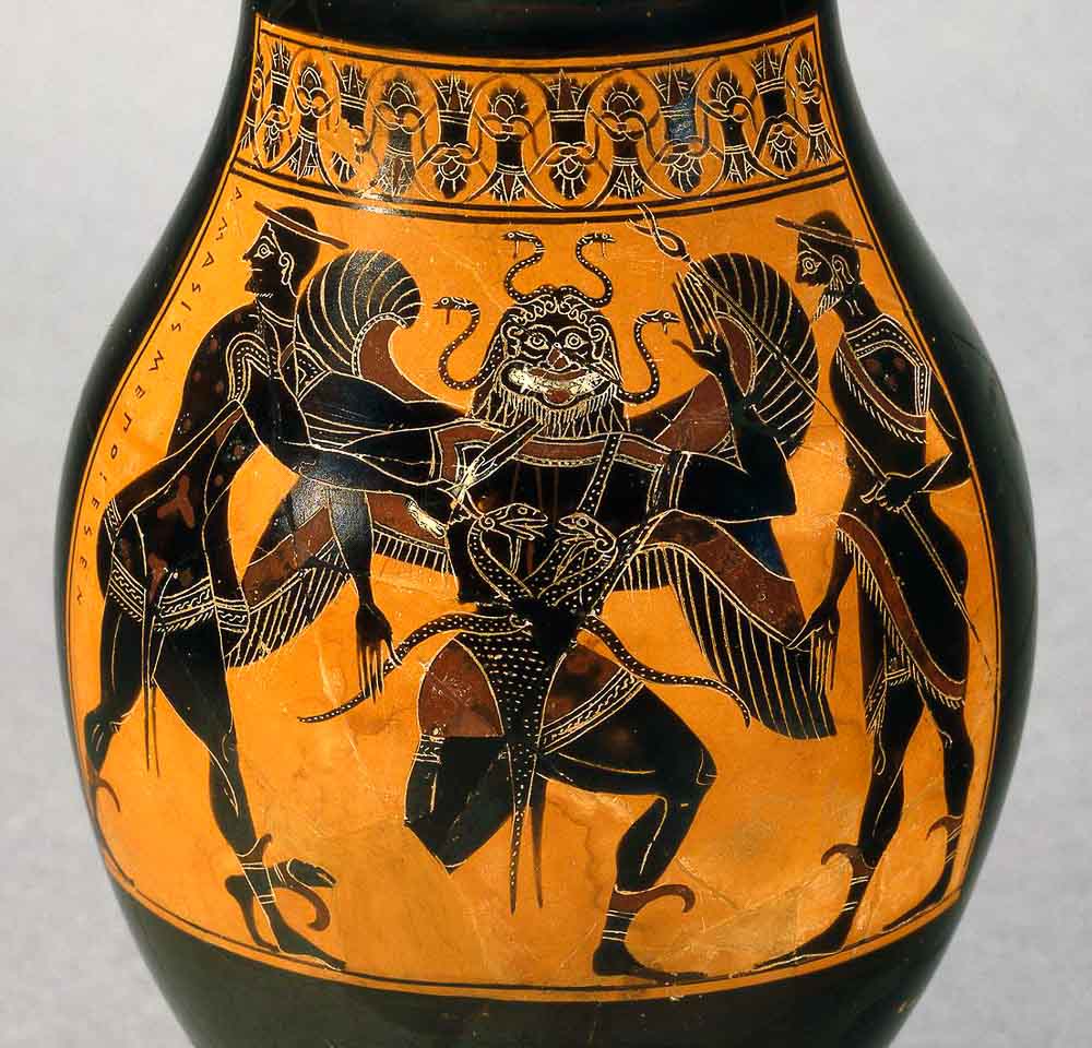 Perseus and Hermes confront an archaic gorgon with wings, fangs, and snakes on the head and waist - on an olpe jar, by the Amasis Painter, 550-530 BCE. @ The British Museum, London. Ref. (e-2).
