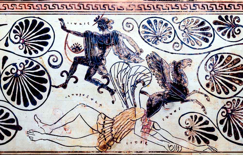 Perseus kills Medusa, and Pegasus springs from her neck. On a Lekythos pottery by Diosphos 500 BCE. @ The Metropolitan Museum, New York City. Ref. (d-4).