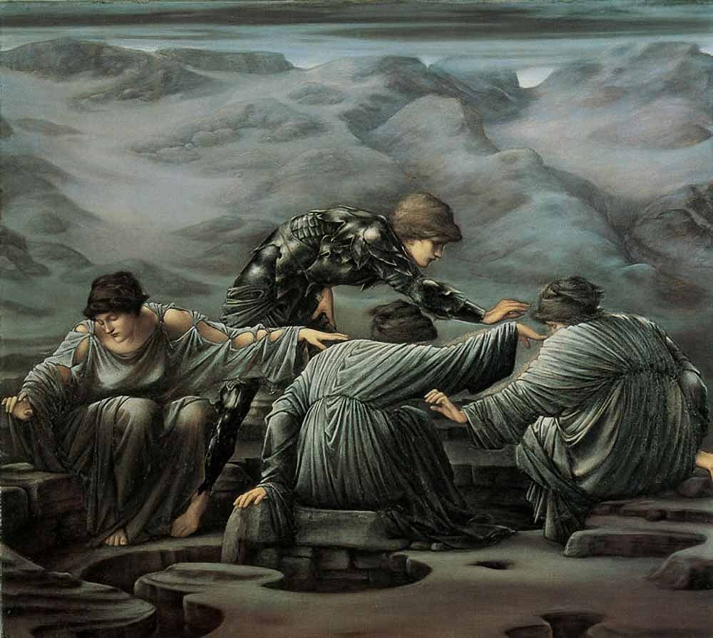 Perseus outwits the 3 Graiae, by Edward Burne-Jones 1892. @ The Staatsgalerie Stuttgart (State Gallery), Stuttgart, Germany. Ref. (a-59).