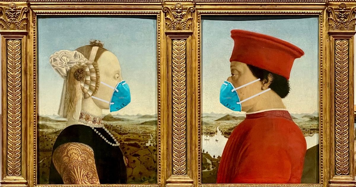 Urbino's Duke Federico da Montefeltro and Duchess Battista Sforza with covid facemasks